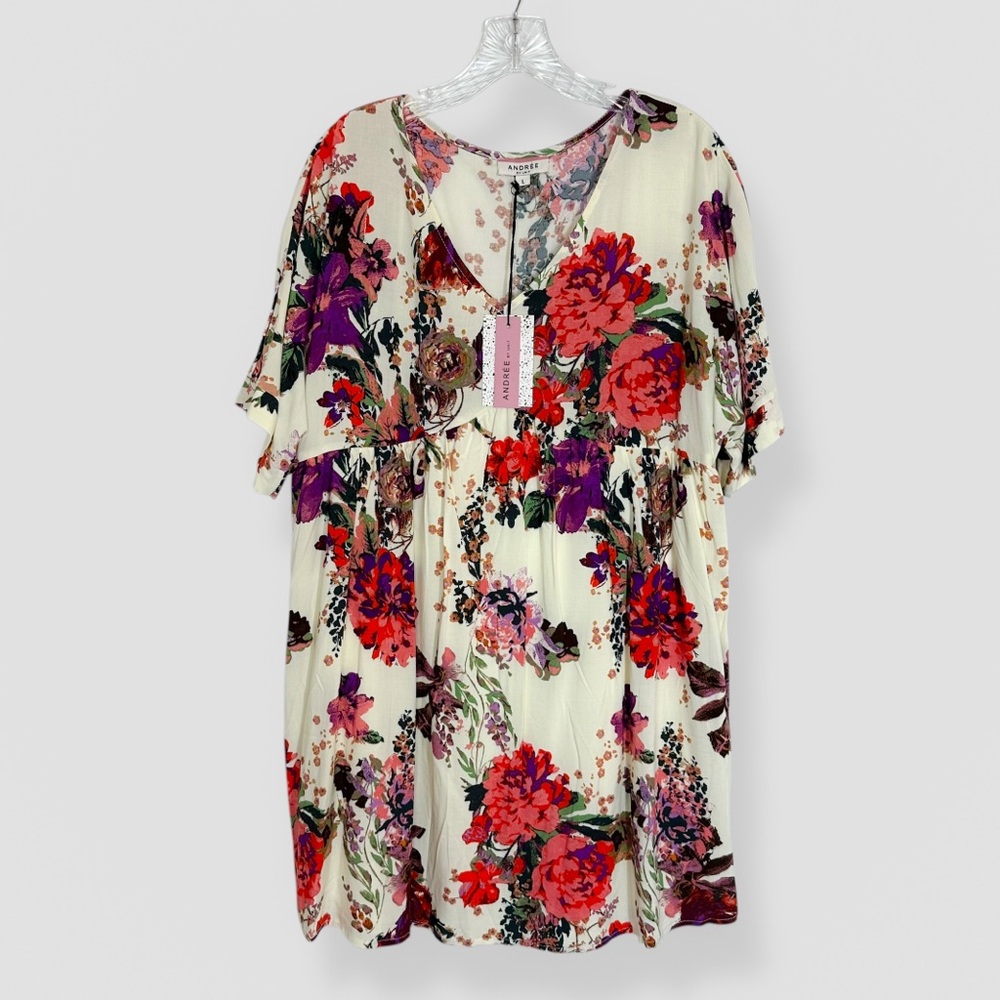 NWT ANDREE By Unit Size Large Floral Tunic Top VNeck Red Cream Lined Casual Boho